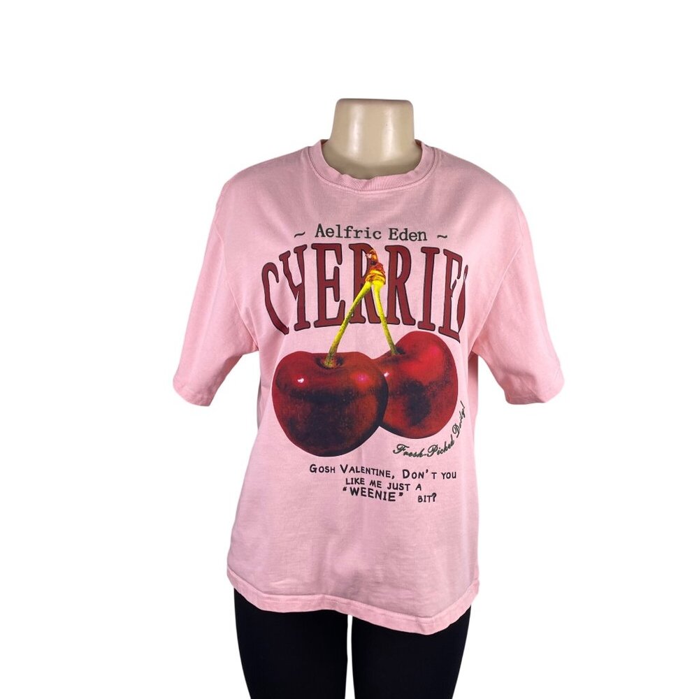 Aelfric Eden Womens Pink 100% Cotton Graphic T-Shirt With Cherry Print Size S
